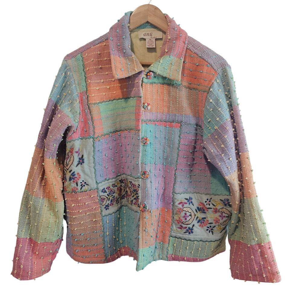 Anii by Natural Jacket Womens XL Purple Floral Embroidered Boho Indie Patchwork